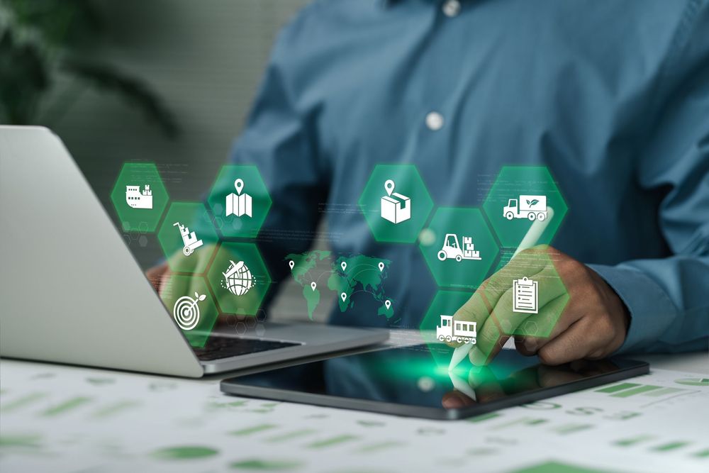 Illustration of multimodal logistics showing barge, rail, and truck transport as part of a modal shift strategy